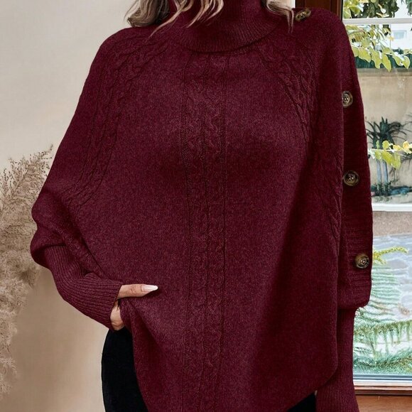 Burgundy Casual Womens Turtleneck Batwing Sleeve Button Detail Poncho Sweater - Picture 4 of 7